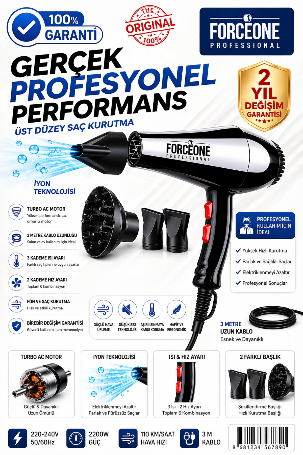 FORCEONE 5500 Turbo Vigo Başlıklı Fön Makinesi 2200 -2400 Max - Fiyatı, Yorumları