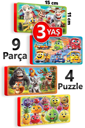 EVAKANCA 9 Parçalı 4 Adet Kalın Puzzle 2-3 Yaş Yapboz Meyve-Taşıt-Orman-Çiftlik