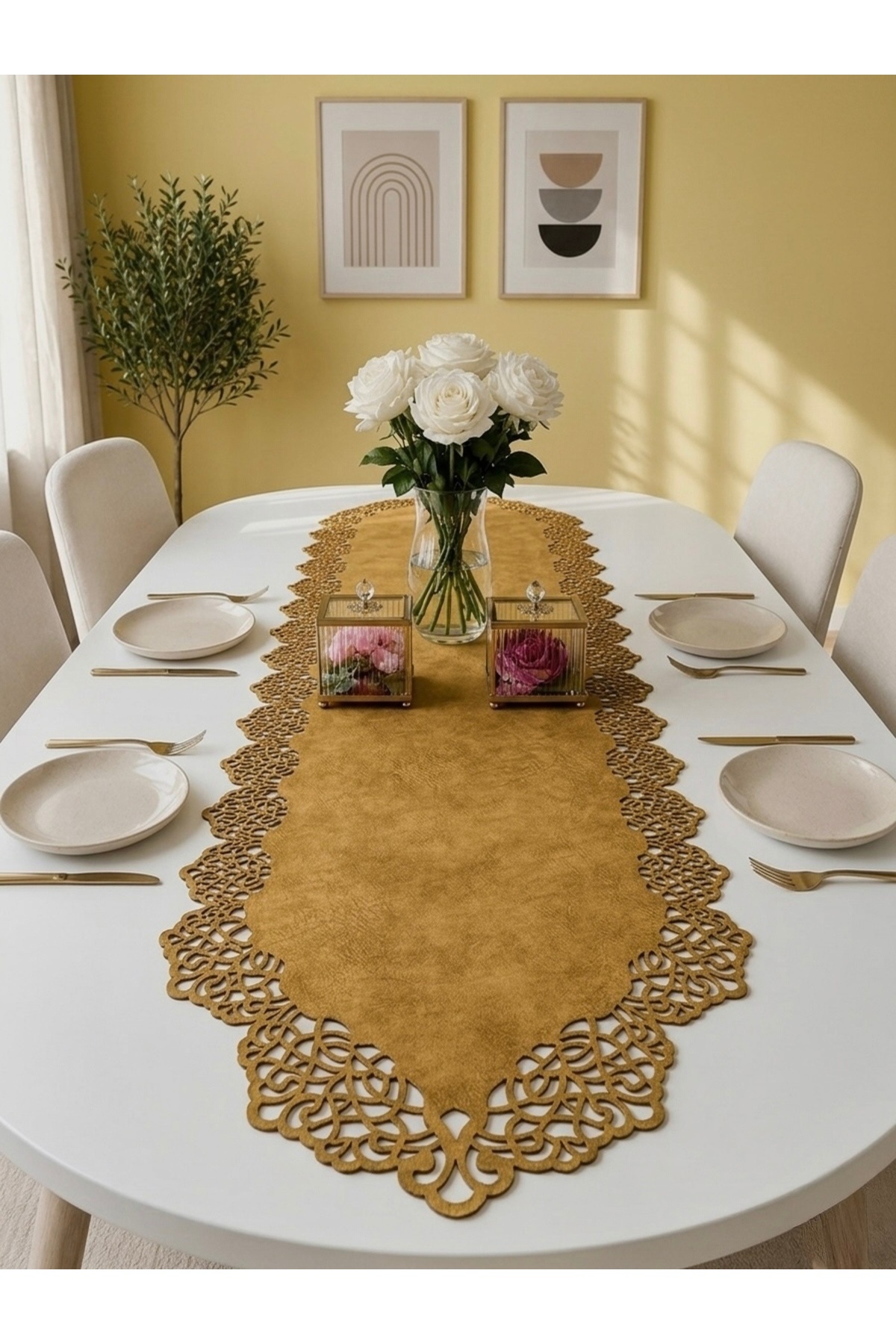 Mustard Yellow Suede Fabric Runner 40x140 Cm Table Length - Modern Design