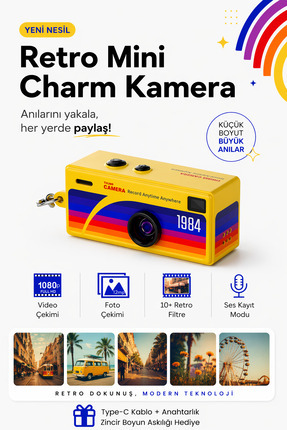 RoseandRoses Charm Anahtarlık Dijital Fotoğraf Makinesi Retro Filtreli Mini V...