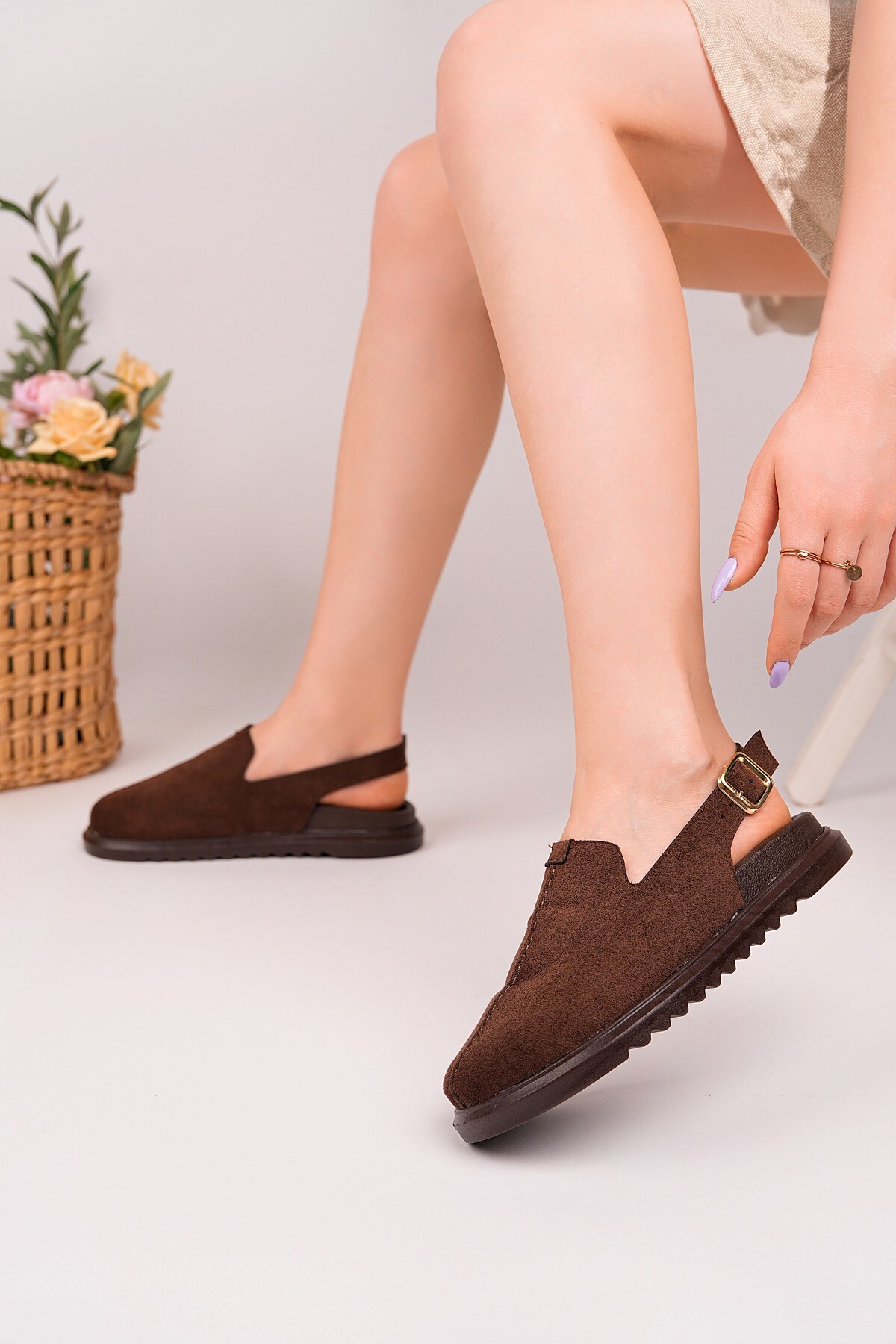 MUGGO BUCKLE Süet Deri Ayarlanabilir Tokalı Günlük Rahat Önü Kapalı Kadın Sandalet görsel 7