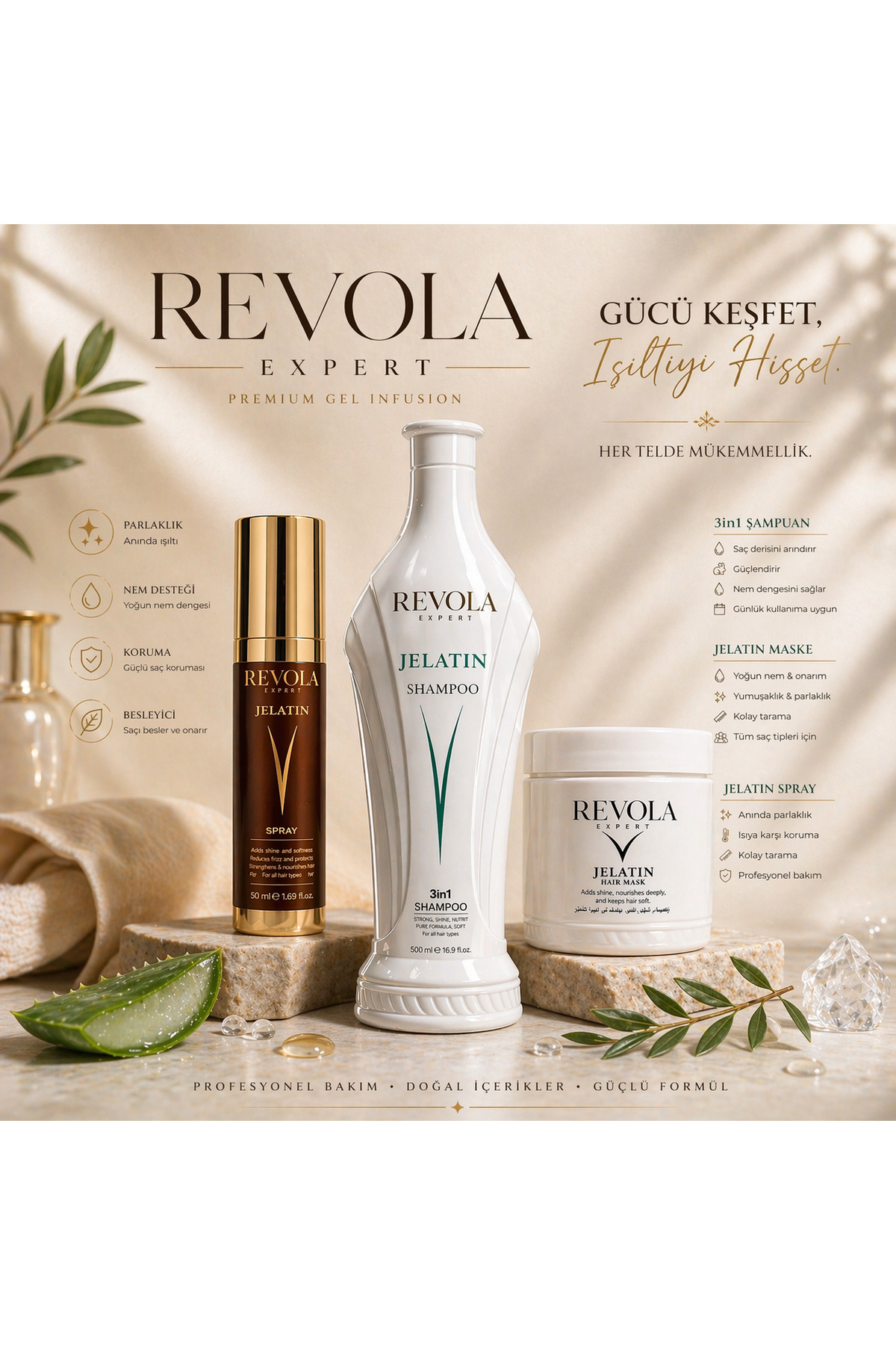 REVOLA EXPERT revola jelatin keratin bakım şampuanı 500ml jelatin sprey 50c jelatin saç maskesi 500ml saç bakım seti — smş01