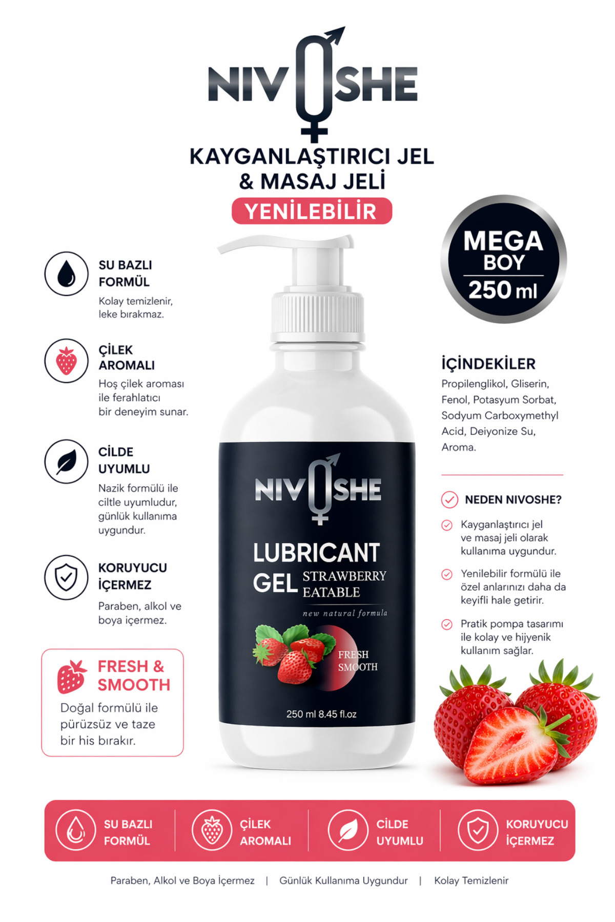 Premium Kayganlaştırıcı Jel Büyük Boy Lubricant Gel (ÇİLEK) Masaj Jeli Massage Gel Strawberry 250ML