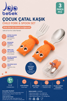 jojobebek Turuncu Baykuş Figürlü Premium Çocuk BPA Free Silikon Sap Paslanmaz...