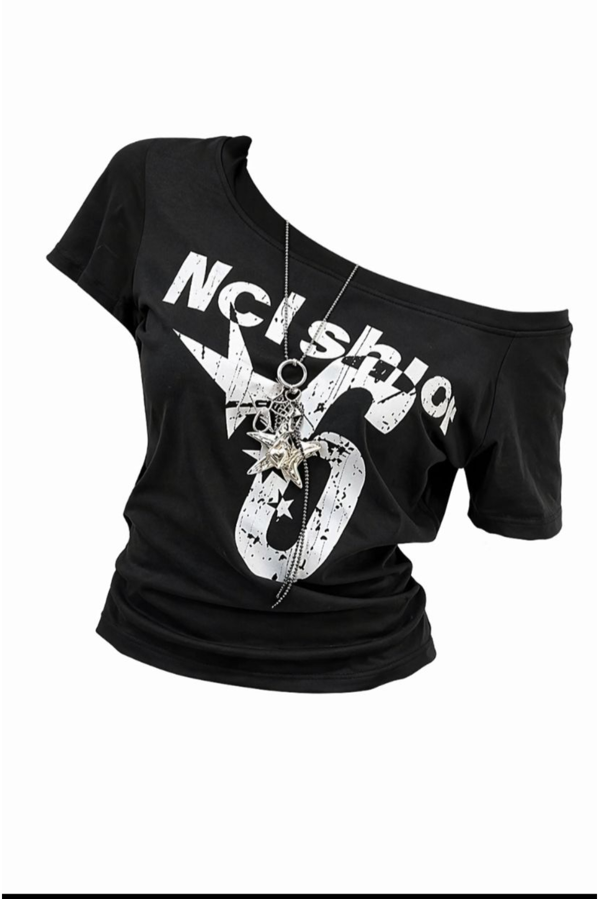 Low Shoulder Boat Neck Detail All Star No 6 Printed 100% Cotton T-Shirt