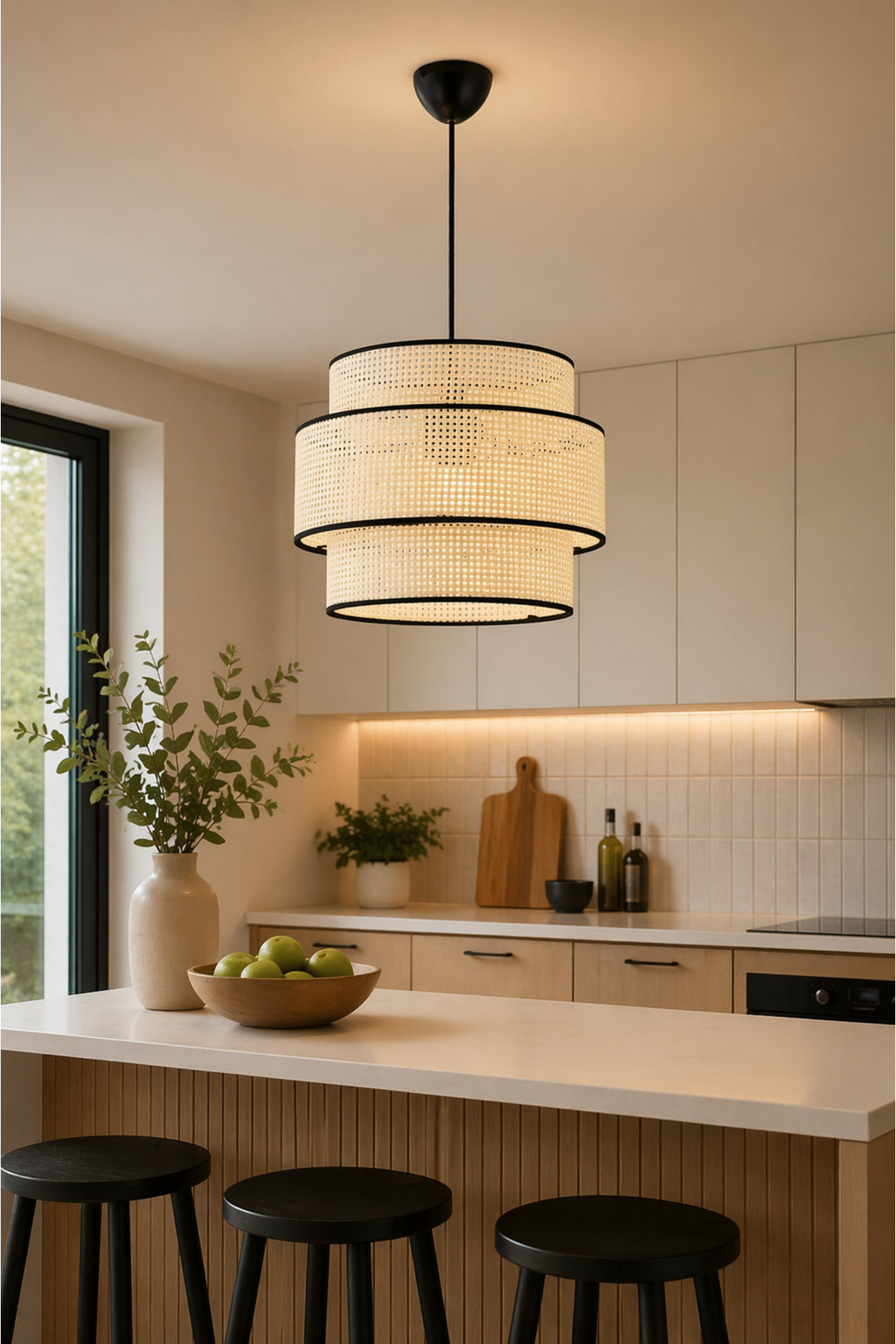 Nisa Luce Satrün WICKER 3 Tier Cake Pendant - White • • Rattan Chandelier Pendant Living Room Chandelier Bedroom