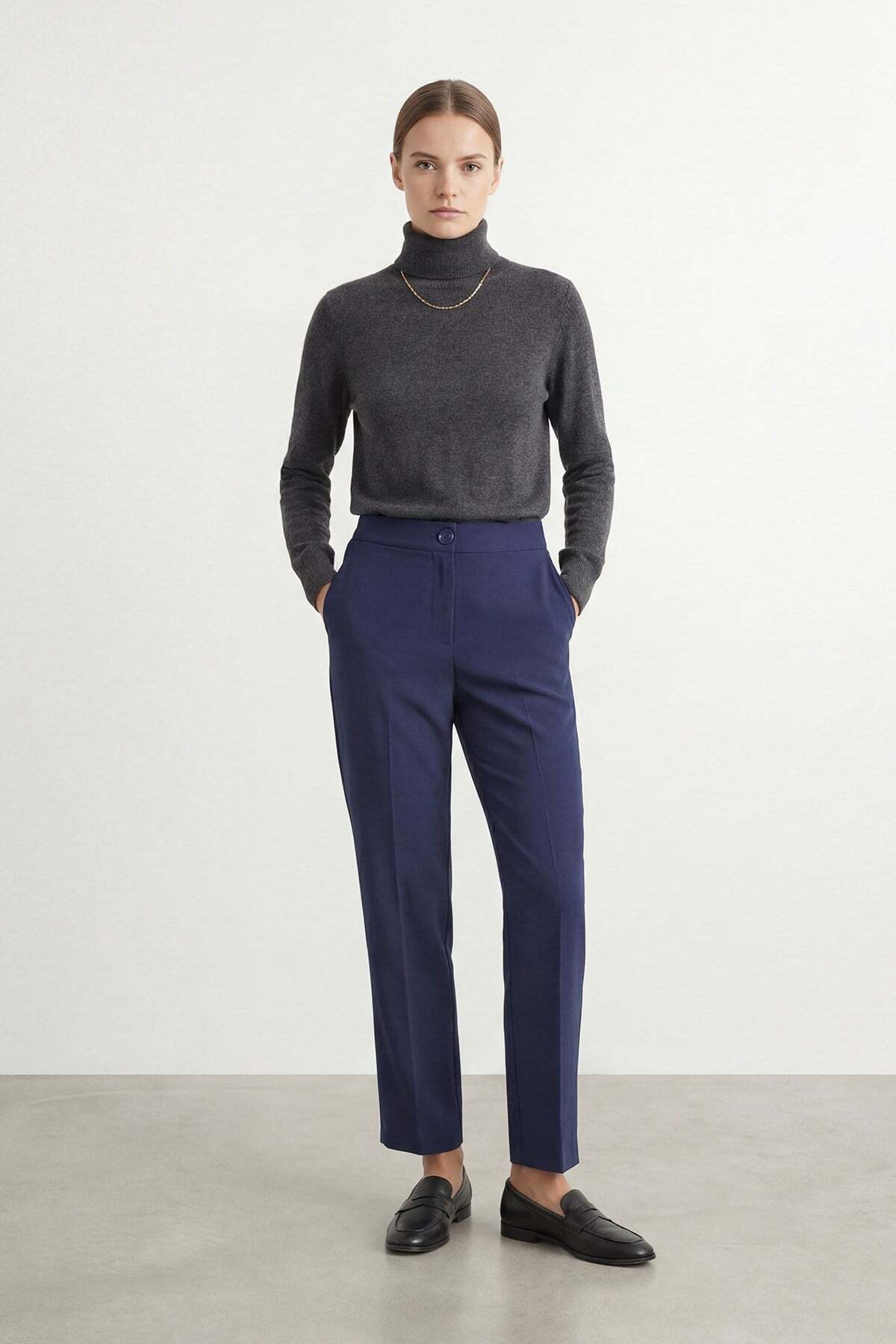 Women's High Waist Classic Office Pants – Solid Posture, Wrap-Up -M1819PNT - NAVY