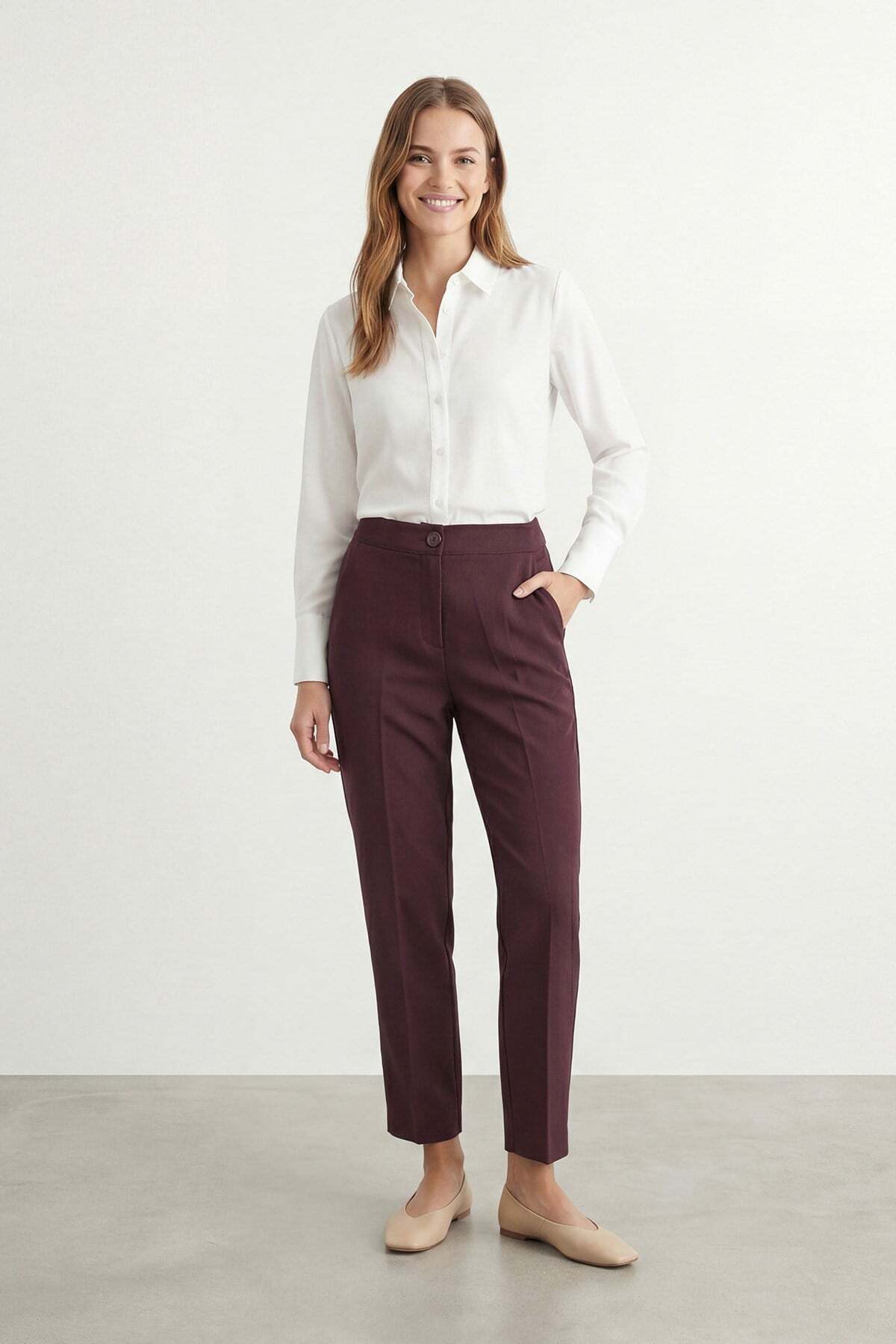 Women's High Waist Classic Office Pants – Full Posture, Wrap-Up -M1819PNT - BURGUNDY