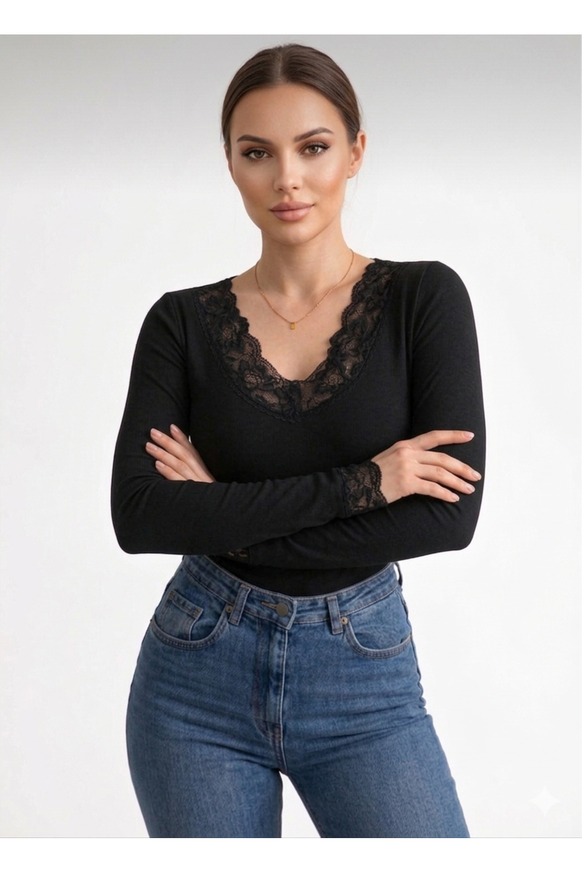 Lufthimm YENİ MODEL KADIN V YAKA KOL VE YAKA DANTELLİ BLUZ görsel 2