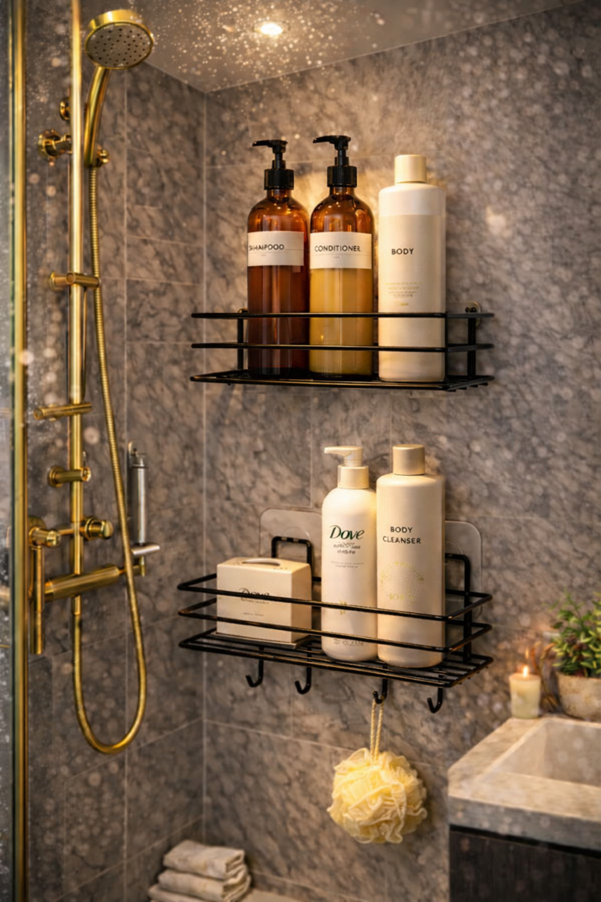 2-PIECE Set Bathroom Organizer Shampoo Holder 4-Hanger Shower Shelf WITH Black ADHESIVE