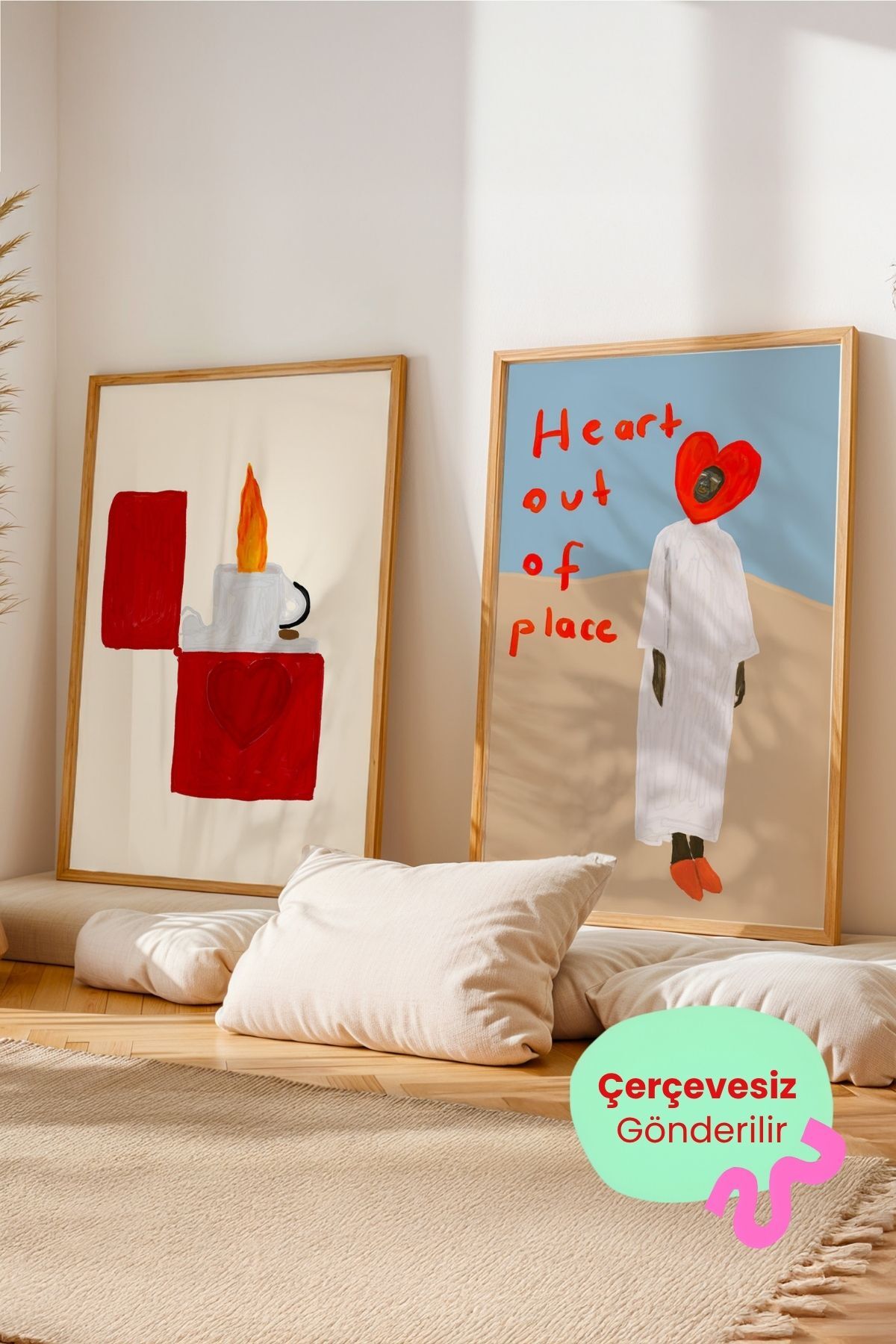 2’li Modern Tablo Poster Seti Kalp ve Ateş Dekoratif Duvar Tablosu Çerçevesiz