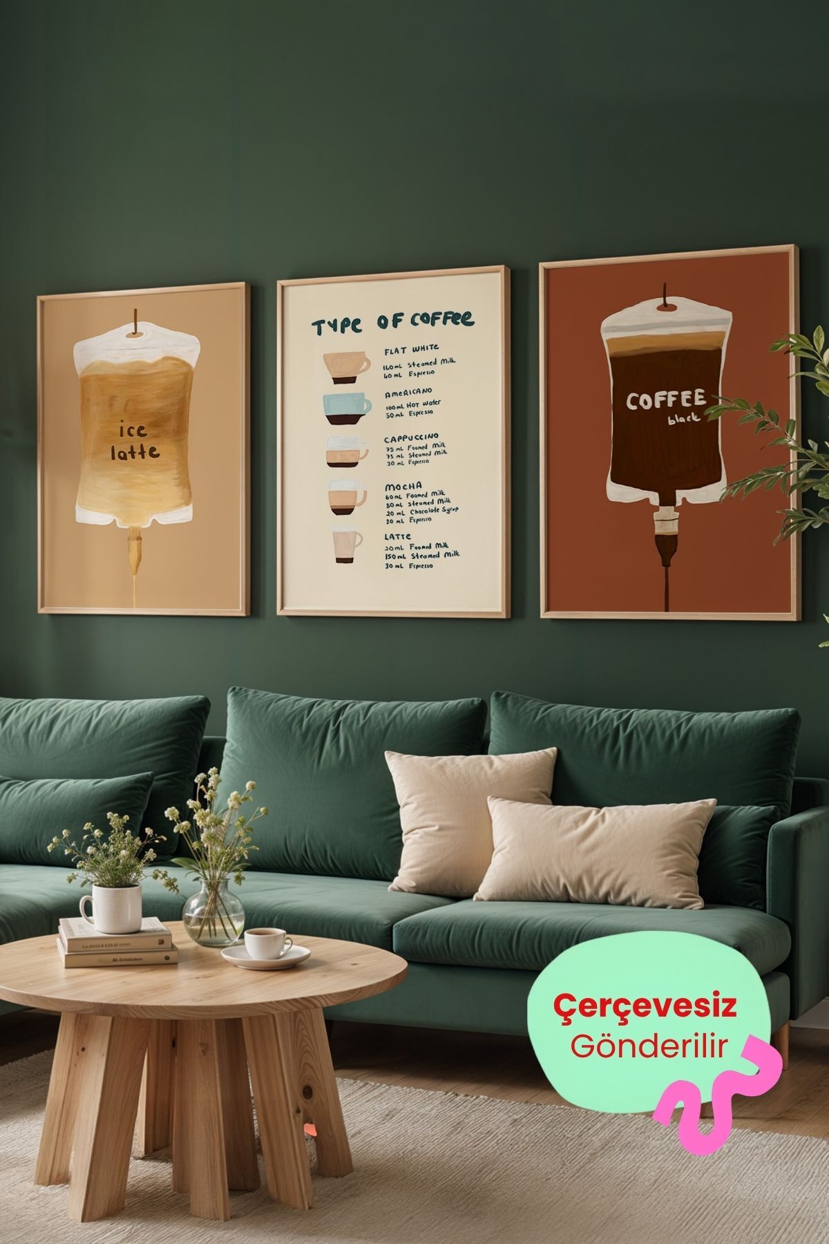 Kahve Tablo Seti 3’lü Mutfak ve Kafe Duvar Dekoru Coffee Poster Çerçevesiz