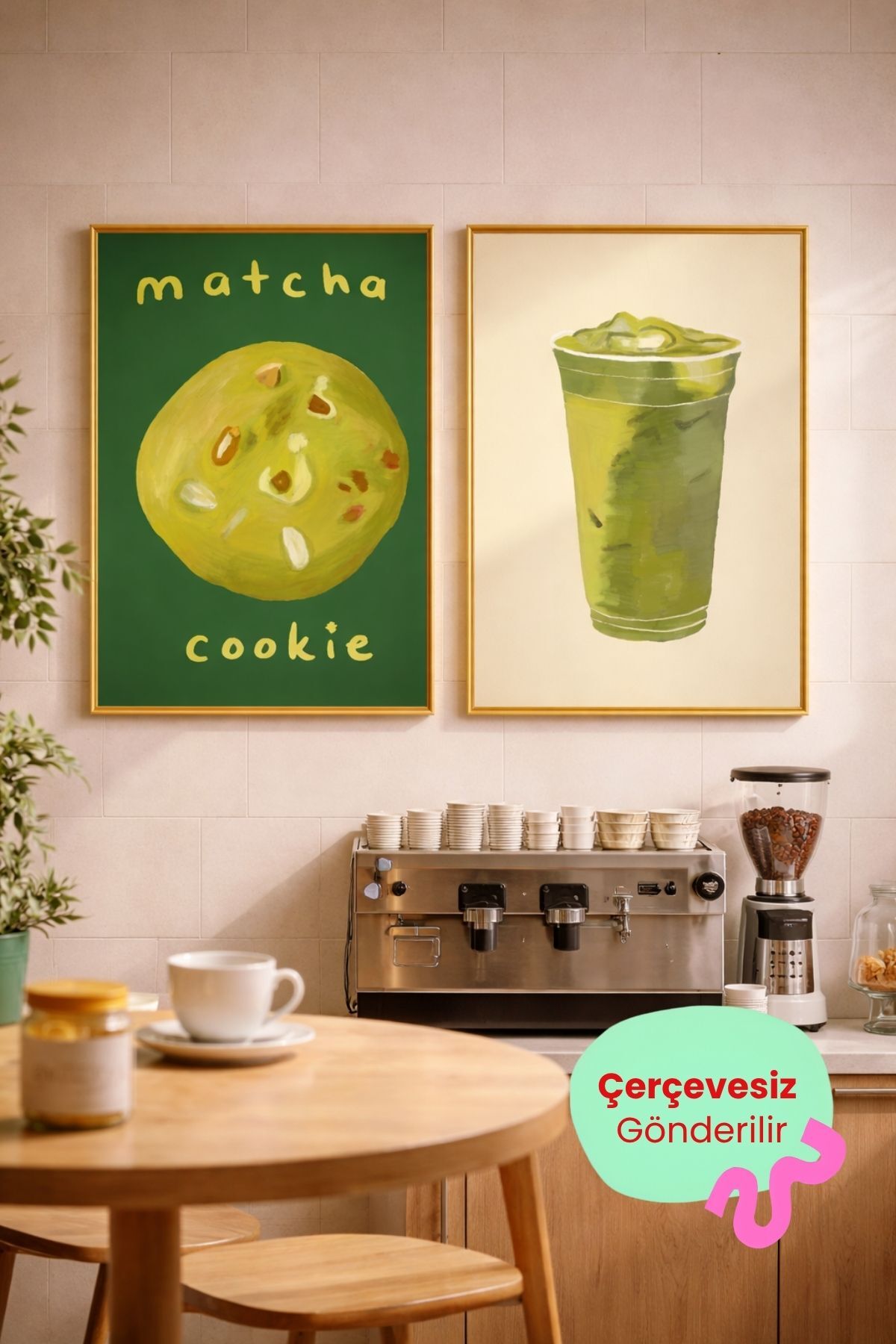 2’li Matcha Tablo Seti Matcha Latte ve Cookie Poster Mutfak Duvar Dekoru Çerçevesiz