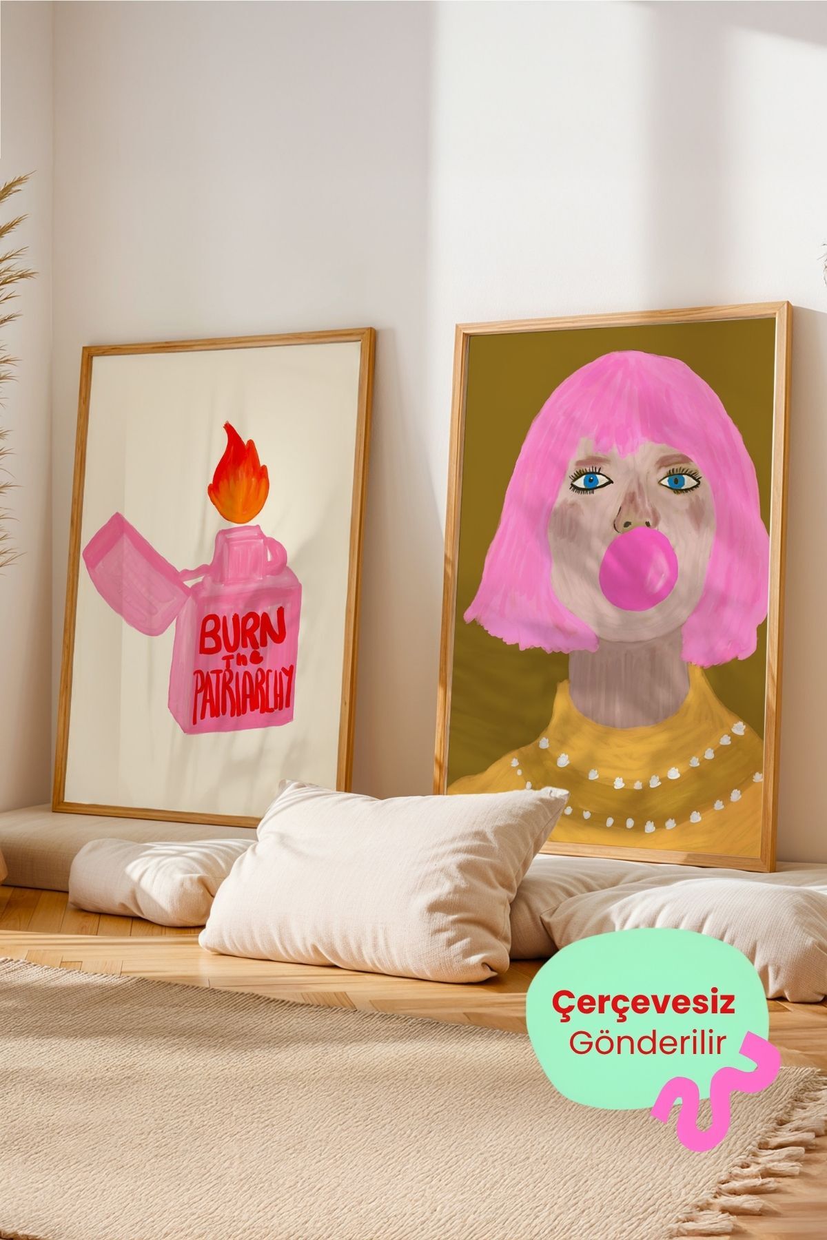 2'li Modern Tablo Seti Kadın Portre ve Yazılı Poster Duvar Dekoru Çerçevesiz