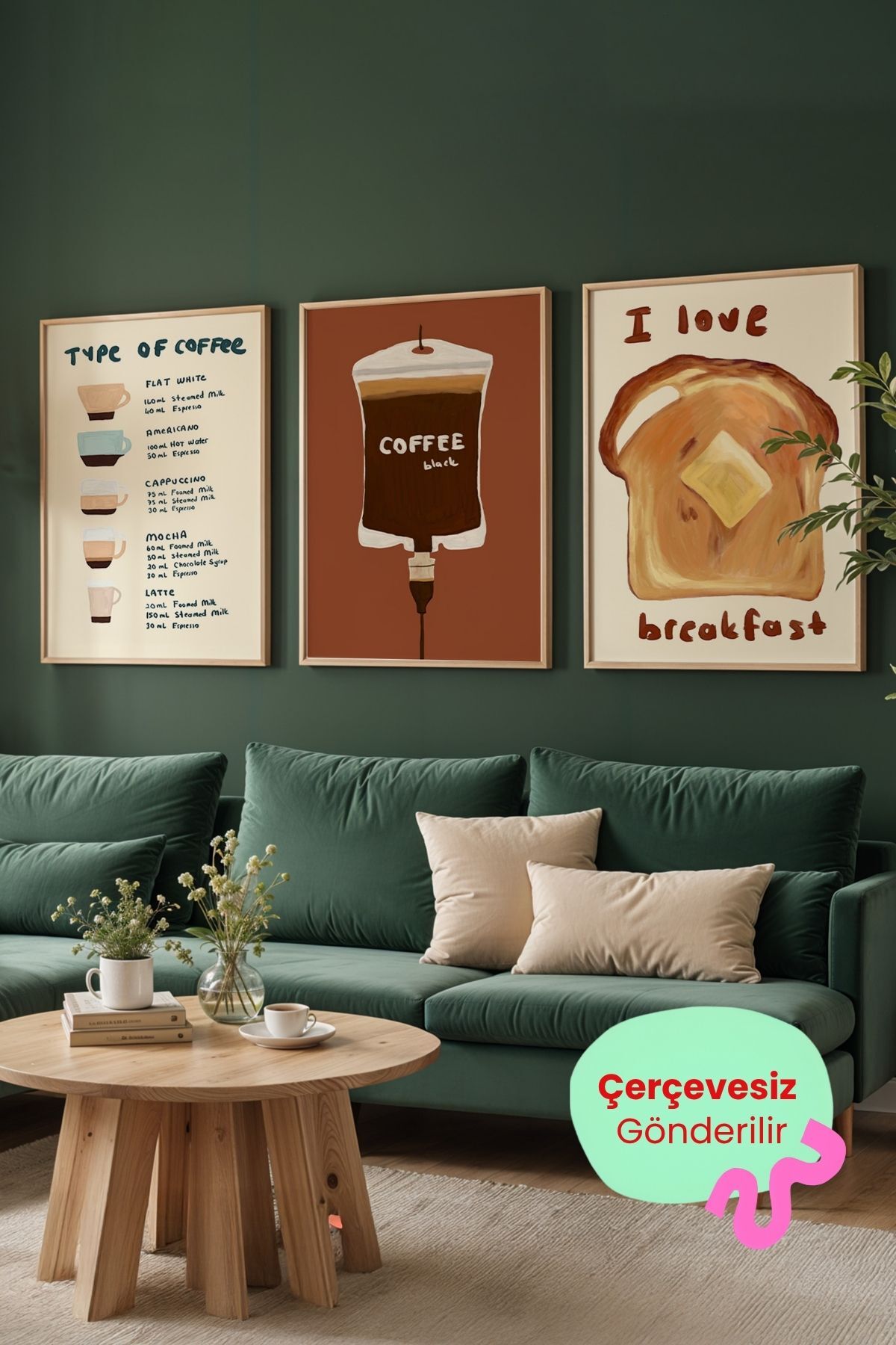 Kahve Temalı Poster Seti 3’lü Mutfak Duvar Dekoru Coffee Art Çerçevesiz