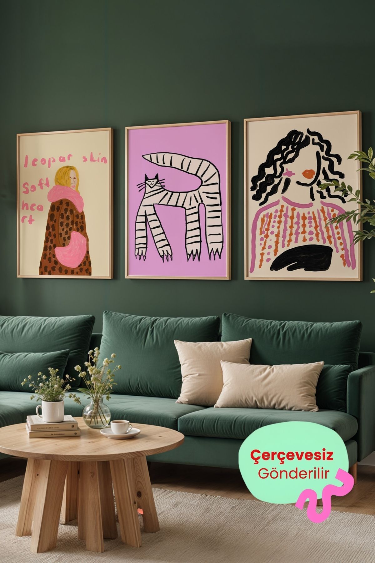 3’lü Kadın ve Kedi İllüstrasyon Tablo Poster Seti Çerçevesiz