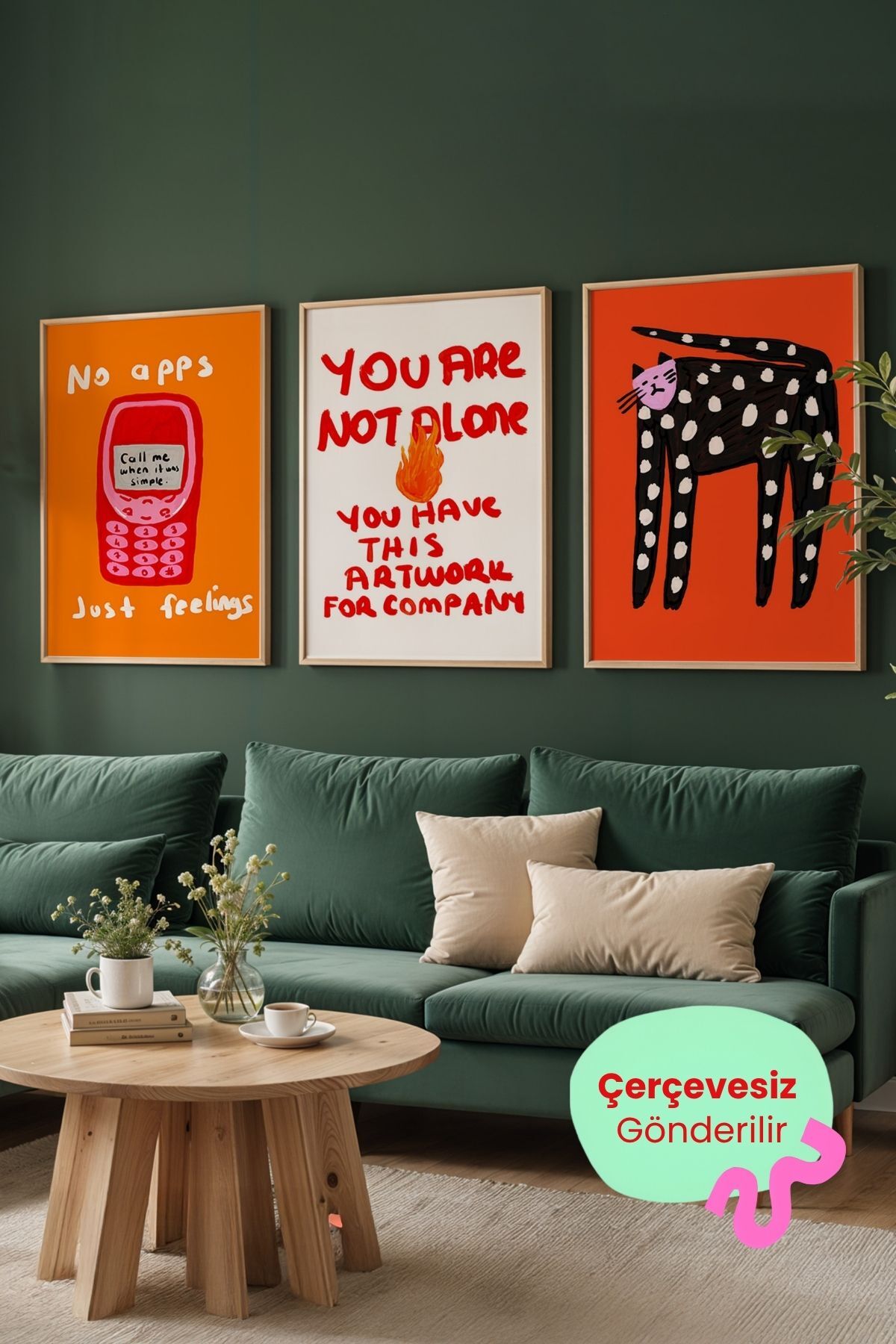3’lü Modern Tablo Poster Seti Kedi İllüstrasyon Yazılı Pop Art Duvar Dekoru Çerçevesiz