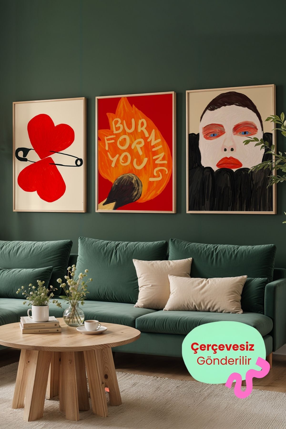 3’lü Kırmızı Konsept Tablo Poster Seti Ateş Yazılı, Kalp ve Portre Çerçevesiz