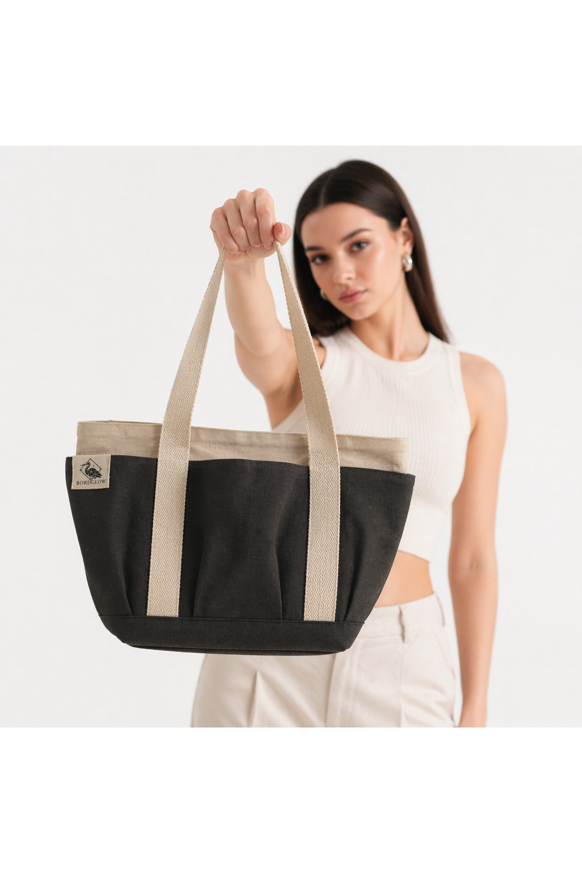Bordglow PlusGlow Design Serisi, Füme Premium Kanvas Çanta - Tote Bag | 9 cep - Fermuarlı (40x26x12 cm)