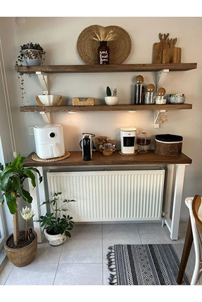 MODERN LİFEE 60 x 120 Kahve Köşesi + 2 RAF Doğal Ham Masa ve Raf Seti Yüksek ...