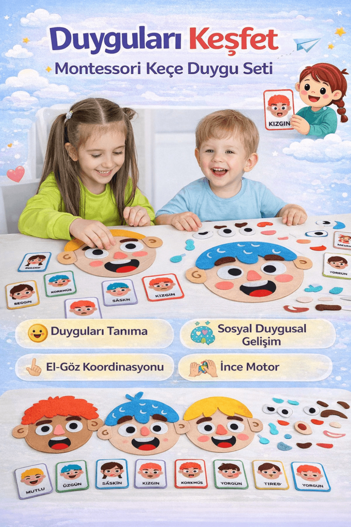 Emotion Teaching Face Changing Felt Toy | Double-Sided Montessori Training Set 3+ Years
