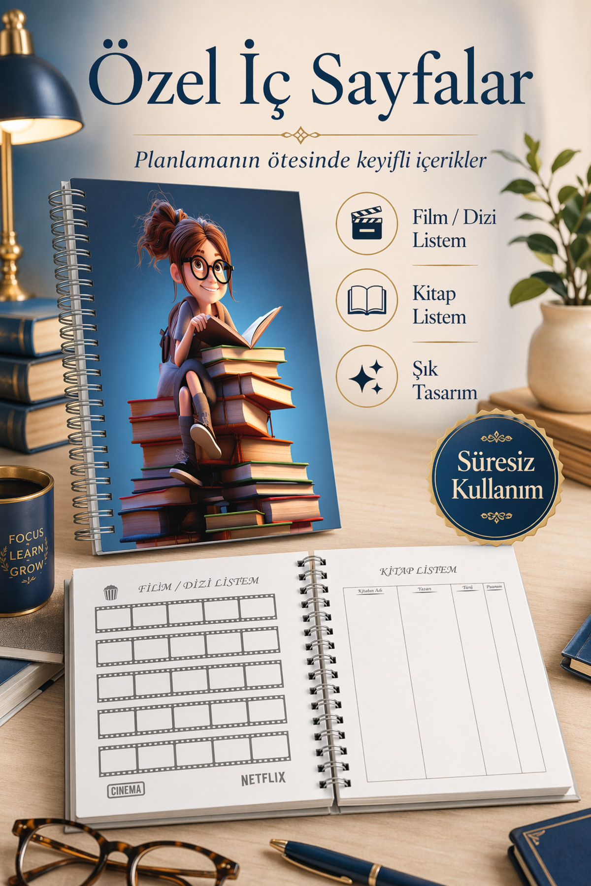 cabuk baskı Sevimli Karakter Süresiz Planlayıcı Ajanda, A5 Tarihsiz Ajanda, Sticker hediyeli