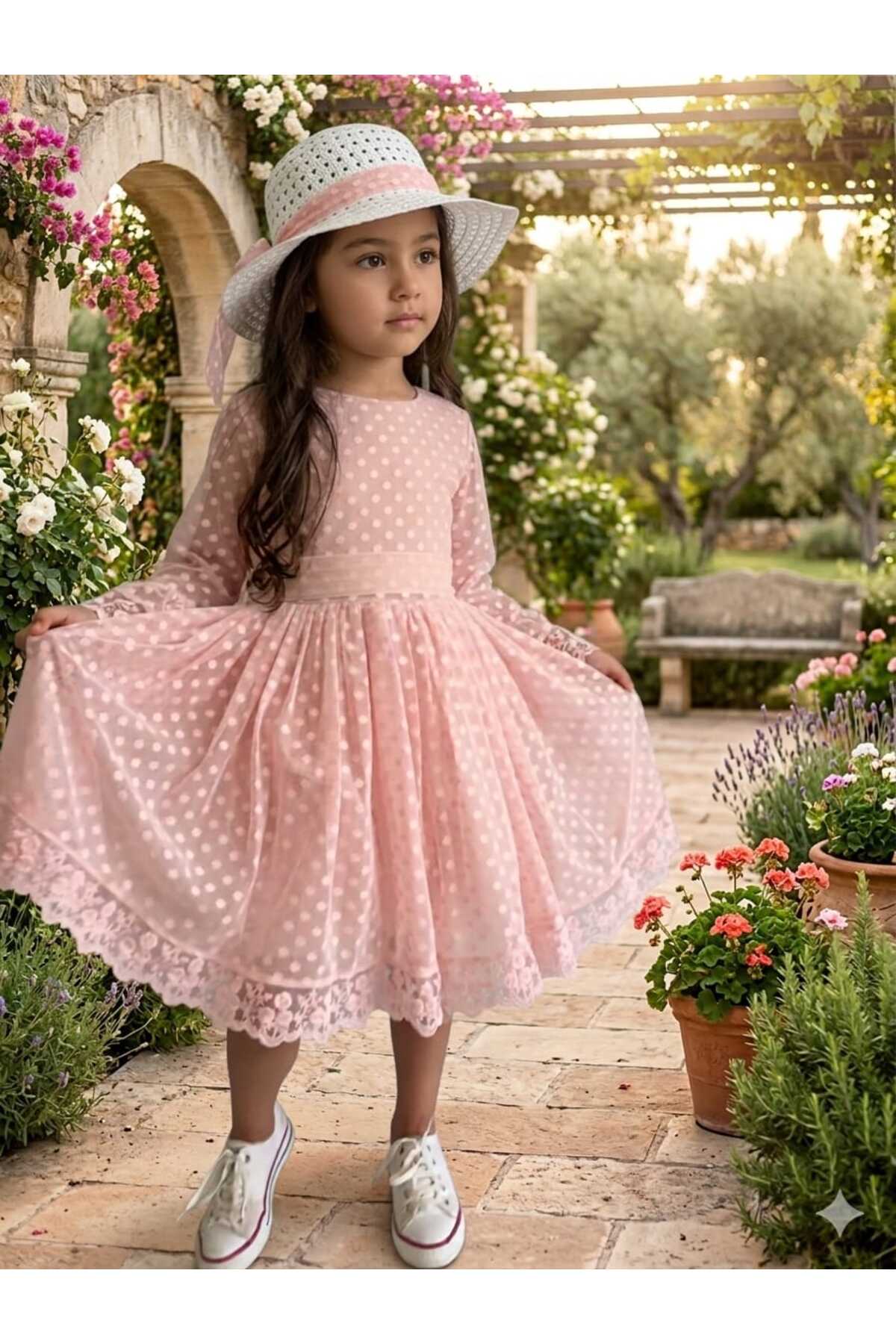 RUMİ KİDS Şapkalı Güpürlü Prenses Kız Çocuk Elbise dantelli Somon Rengi
