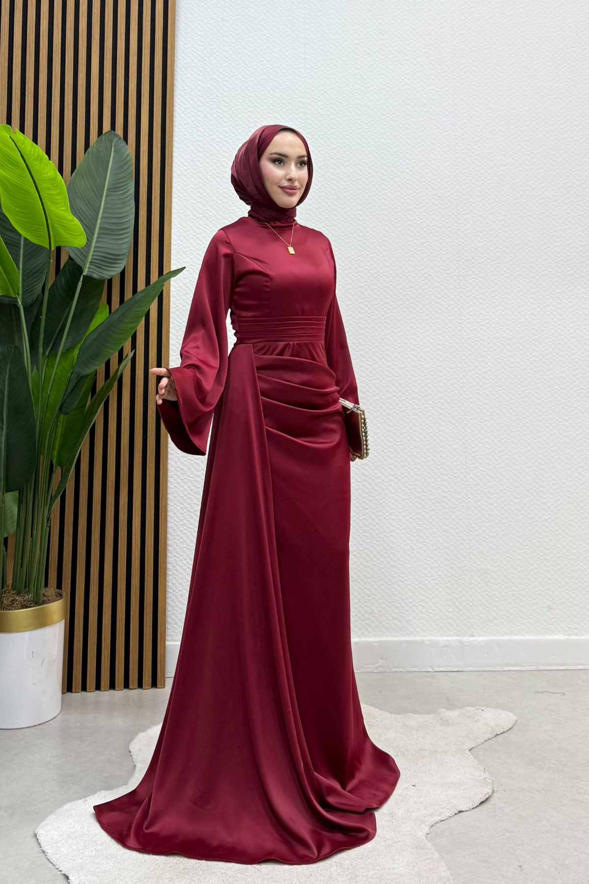 Large Spanish Sleeve Long Piece Detailed Special Day Evening Dress Claret Red