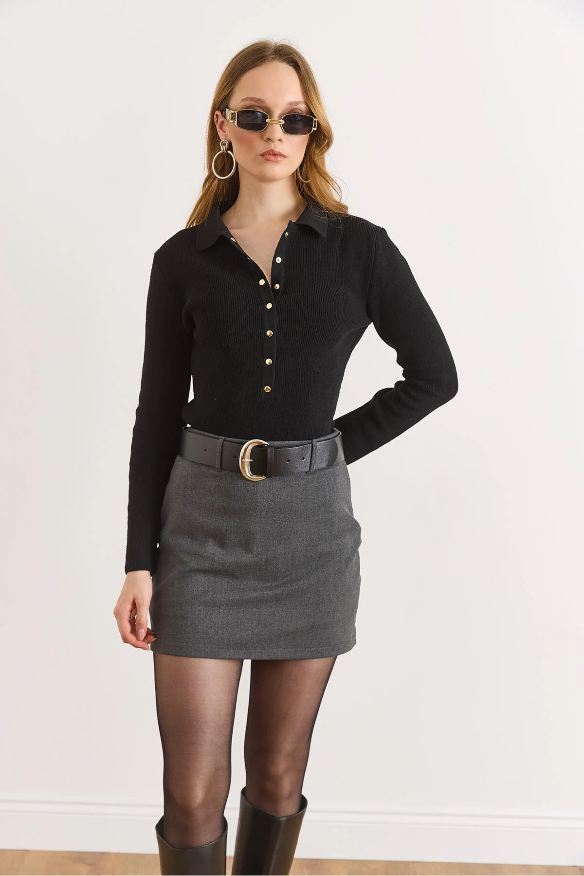 Women's Anthracite Belt Detailed Mini Skirt with Shorts ETK-19000364
