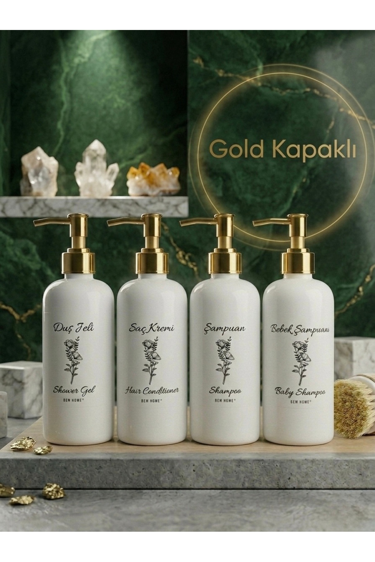 4 Pieces Bathroom Bottle Set with Gold Lid White 500ml - Shampoo Bottle- Plastic