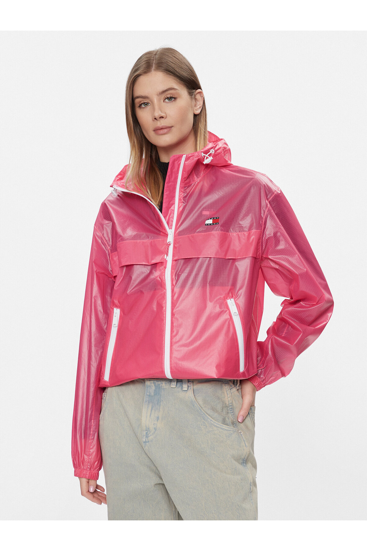 Women's Long Sleeve Zippered Pink Coat with Brand Logo