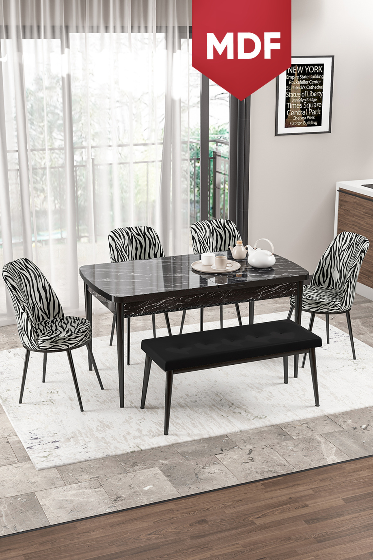 Via Series Openable MDF Kitchen Table Set Black Marble Pattern Table 4 Zebra Chairs 1 Black Bench