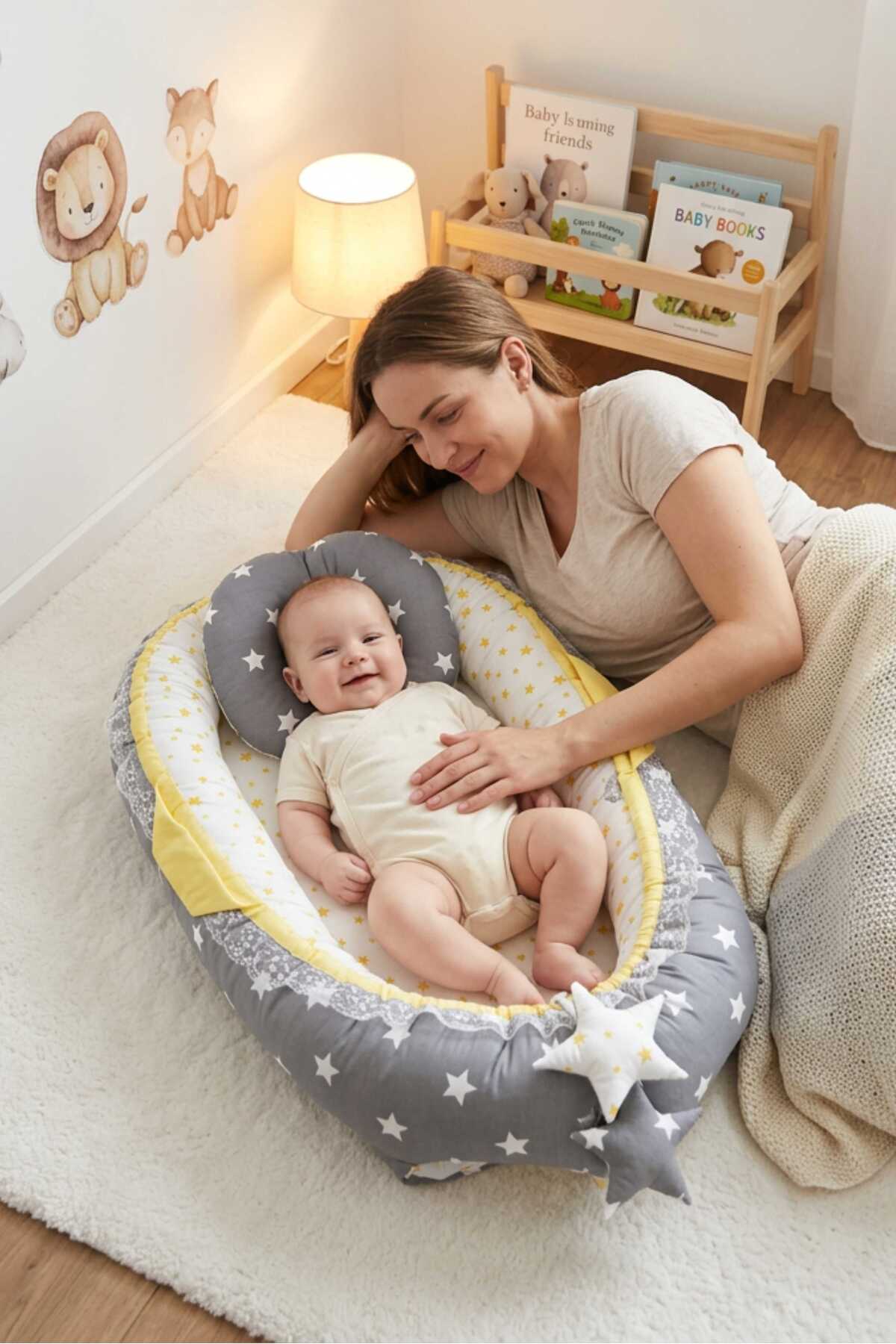 Babynest, Baby Sleeping Bed 0-2 Years - Cotton Fabric - Dark Gray Yellow