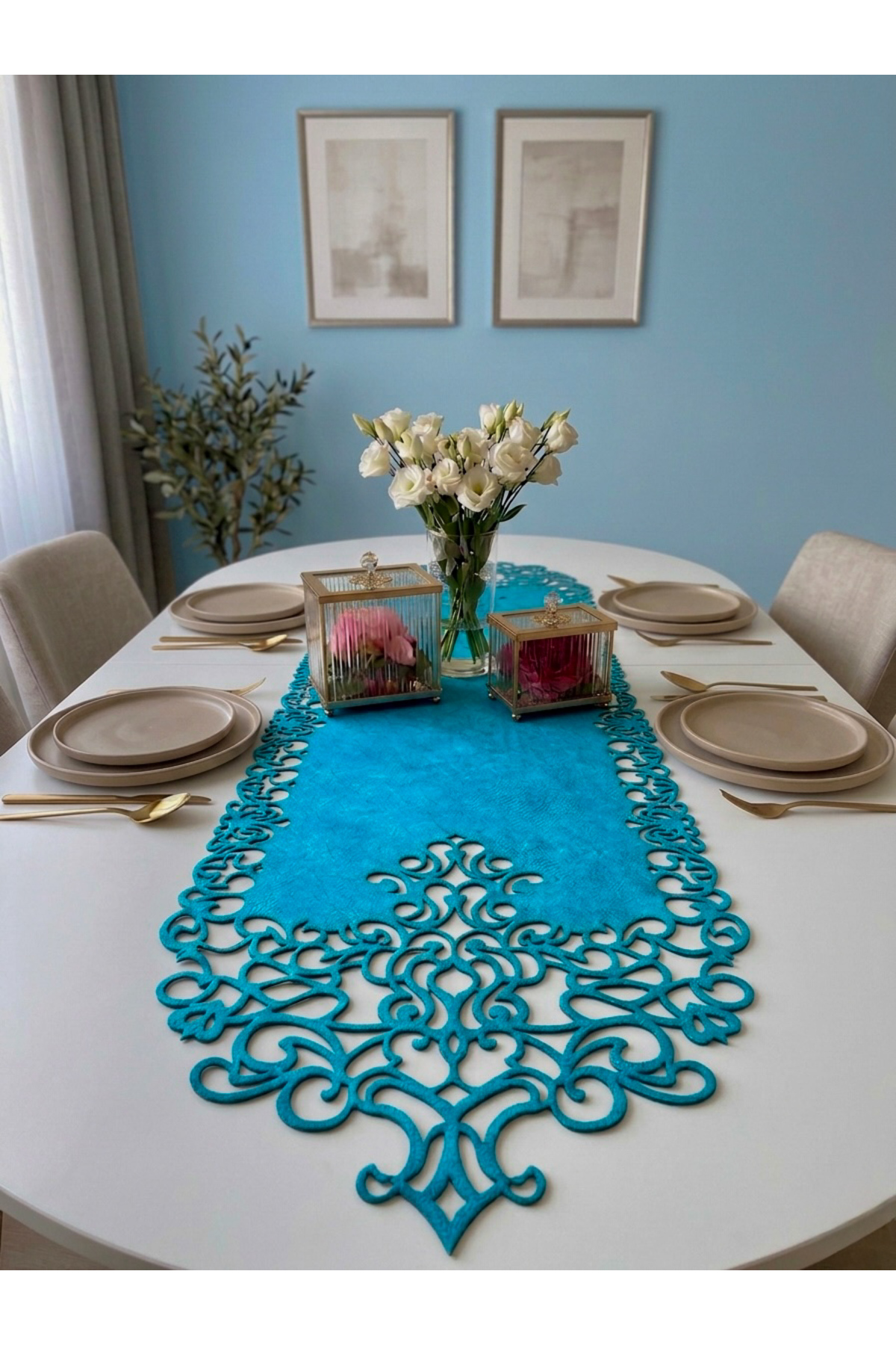 Blue Suede Fabric Runner 40x140 Cm Table Length - Modern Design
