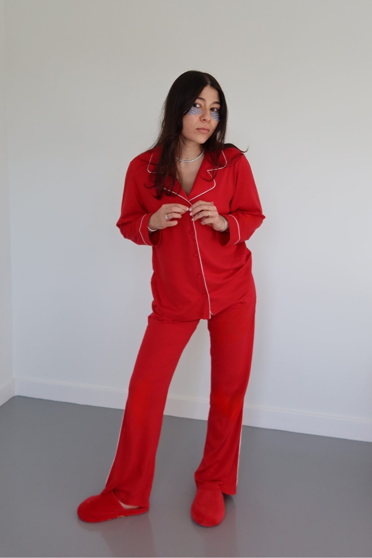 Jaya Modal Biyeli Cepli Pijama Takımı / Kırmızı görsel 8