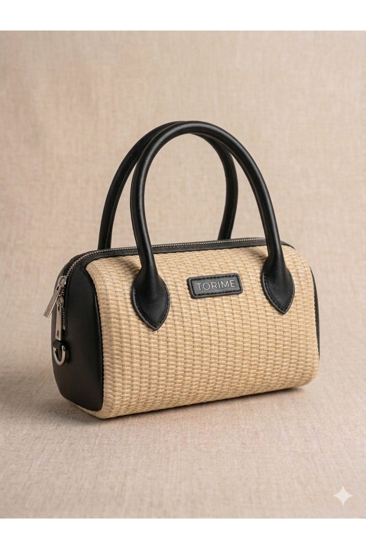 black Straw Texture Single Compartment Faux Leather Garnished Women's Hand and Crossbody Bag