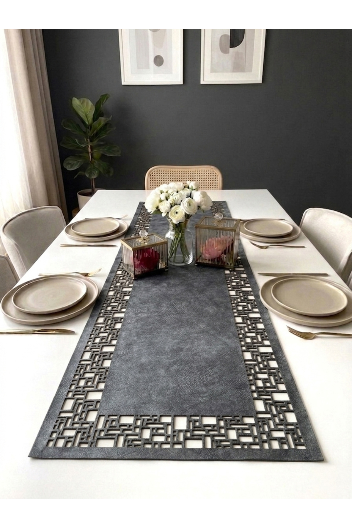 Dark Gray Suede Fabric Runner 40x140 Cm Table Length - Geometric Rectangular Pattern