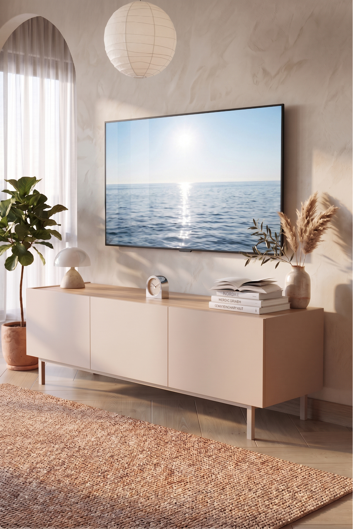 Sedra TV Unit Coffee Table 150cm Beach with 3 Lids and Wooden Legs -Basket SD3-CS