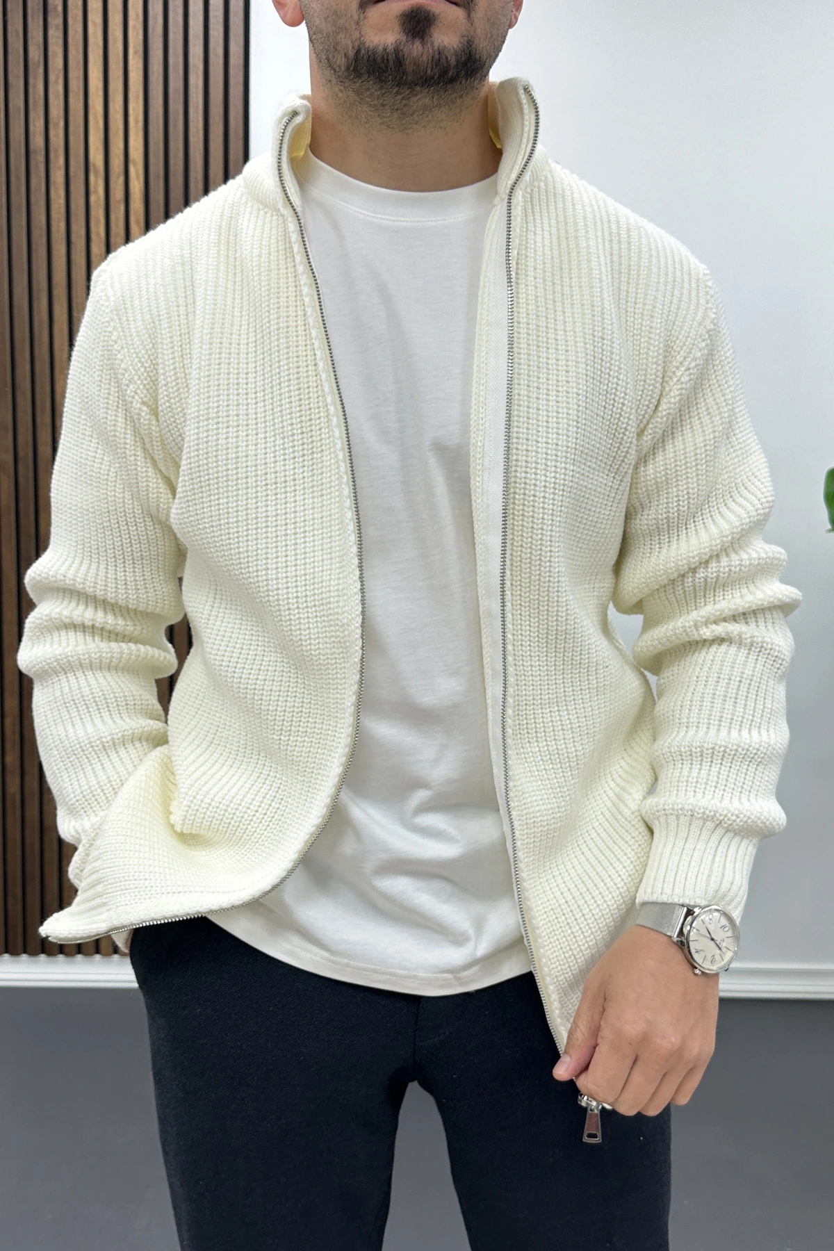 Erkek Slim Fit Fermuarlı Hırka Ekru Edw434 — اکرو EDW00TX434