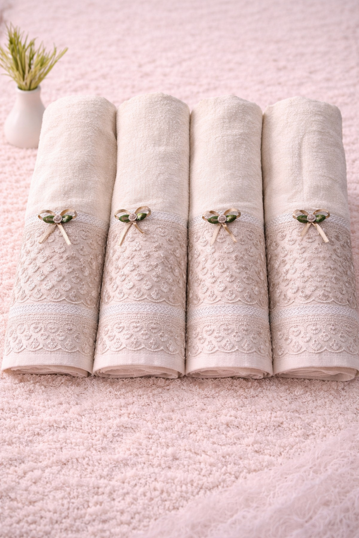 4-Piece 100% Cotton Bridal Groom Bundle Dowry Gift French Guipure 50x90 Hand Face Towel Set