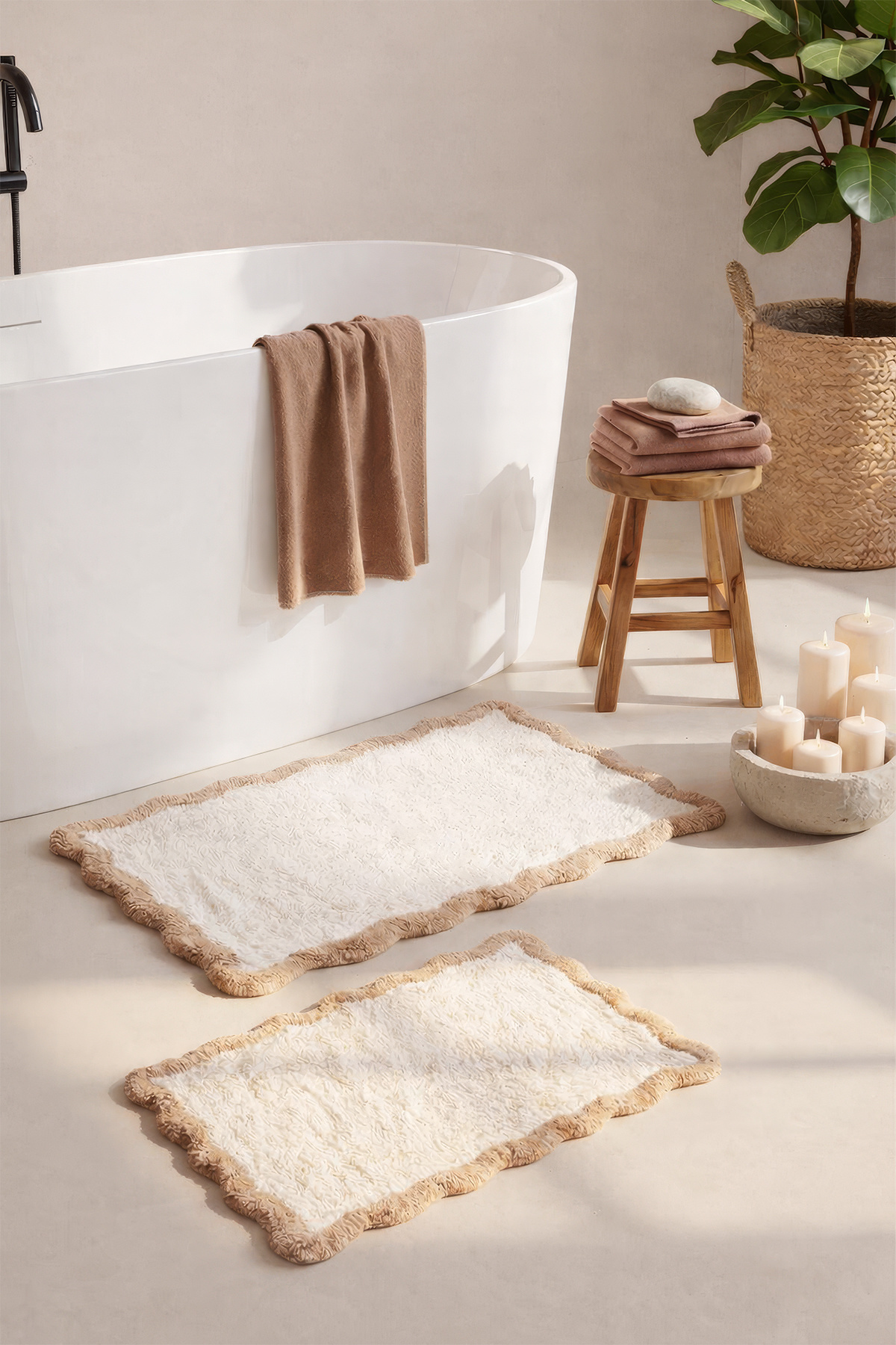 Amalfi 100% Cotton, Hand-Woven 2-Piece Bath Mat Set Beige 40x60 + 60x90