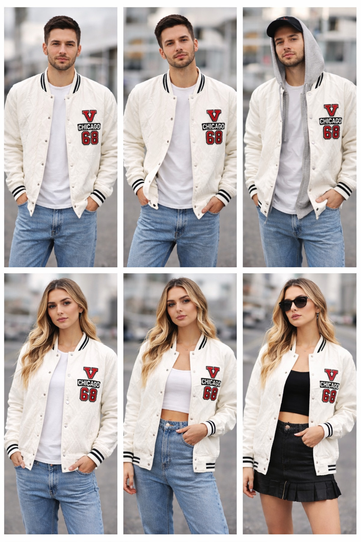 Sublime Butik Unisex Beyaz Kolej Ceket Çıtçıt Kapamalı ve Chicago Nakışlı görsel 2