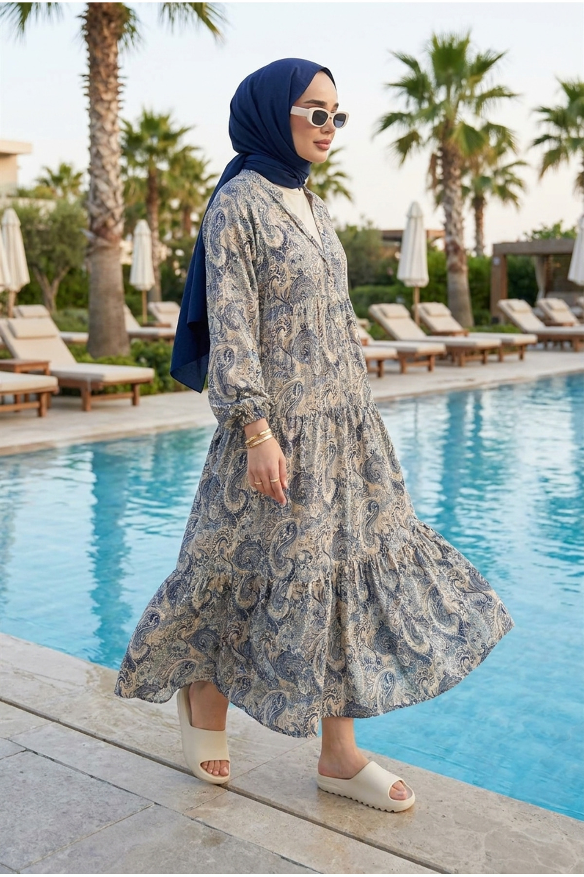 Women's Modal Fabric Shawl Pattern Layer Long Modest Dress Bohemian Summer Dress (without sash)