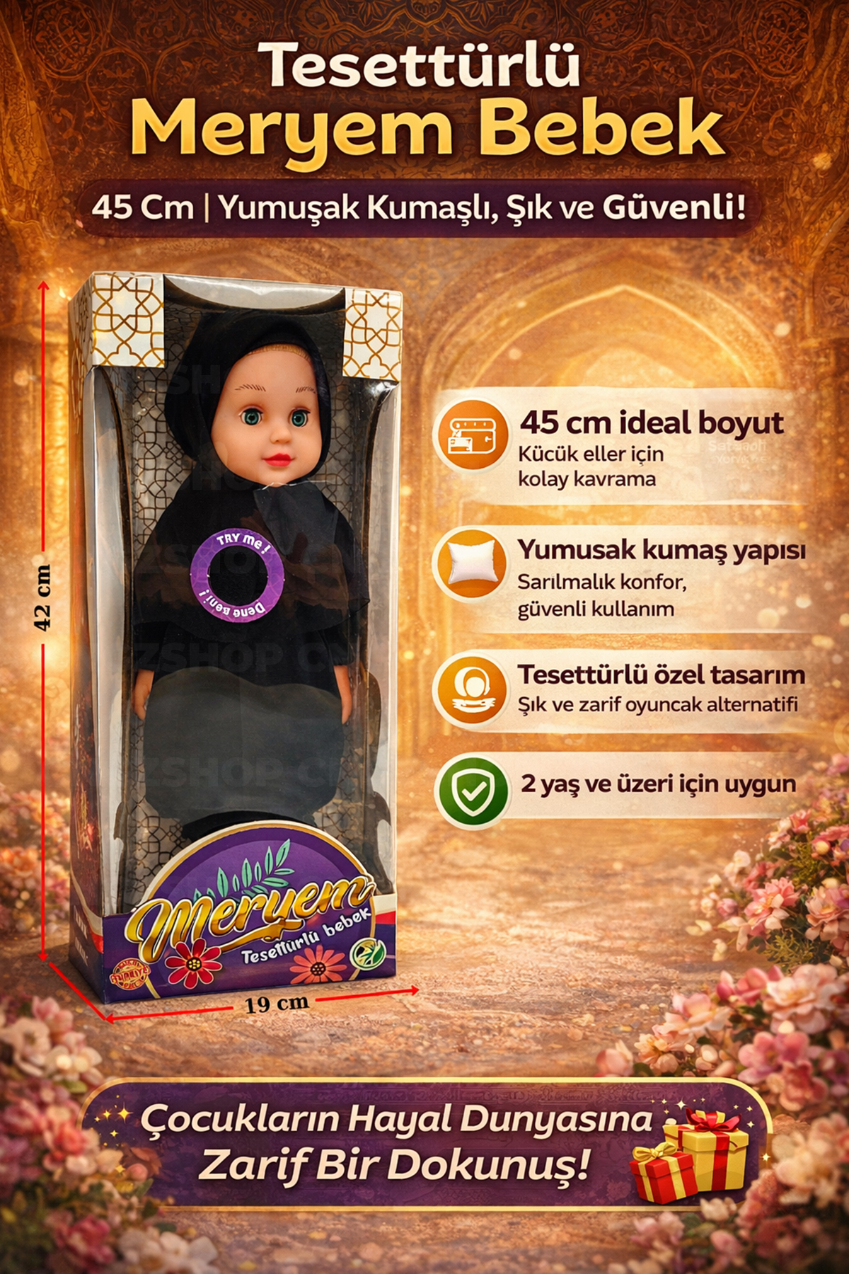 CNGZSHOP Tesettürlü Meryem Bebek 45 CM Yumuşak Peluş Oyuncak Bebek
