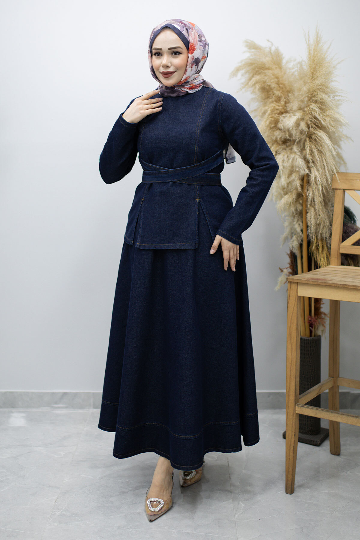 Tesettür Dünyası Waist-Tied Skirted Denim Suit Tsd260187 Dark Blue