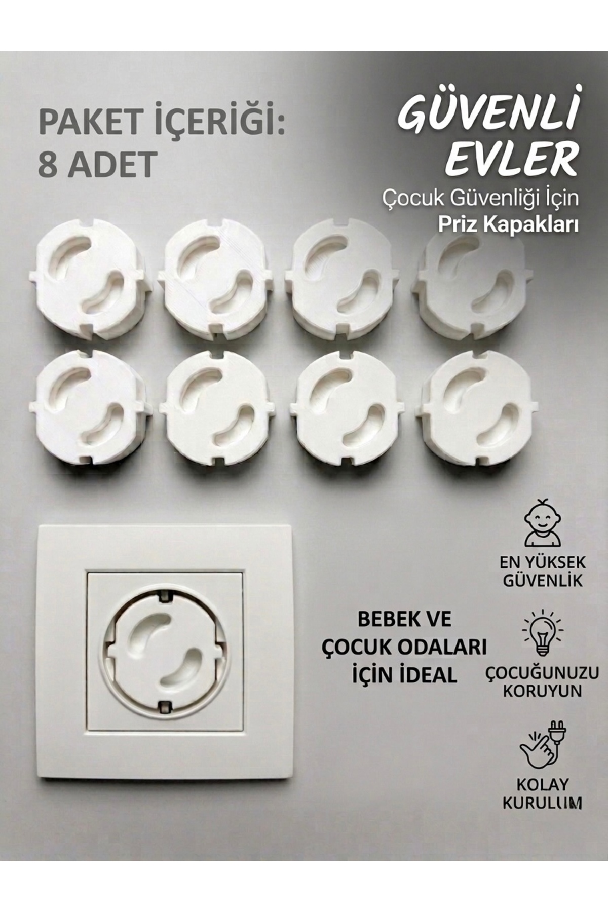 8-Pack White Color Baby Safety Socket Cover - Child Lock Protective Set