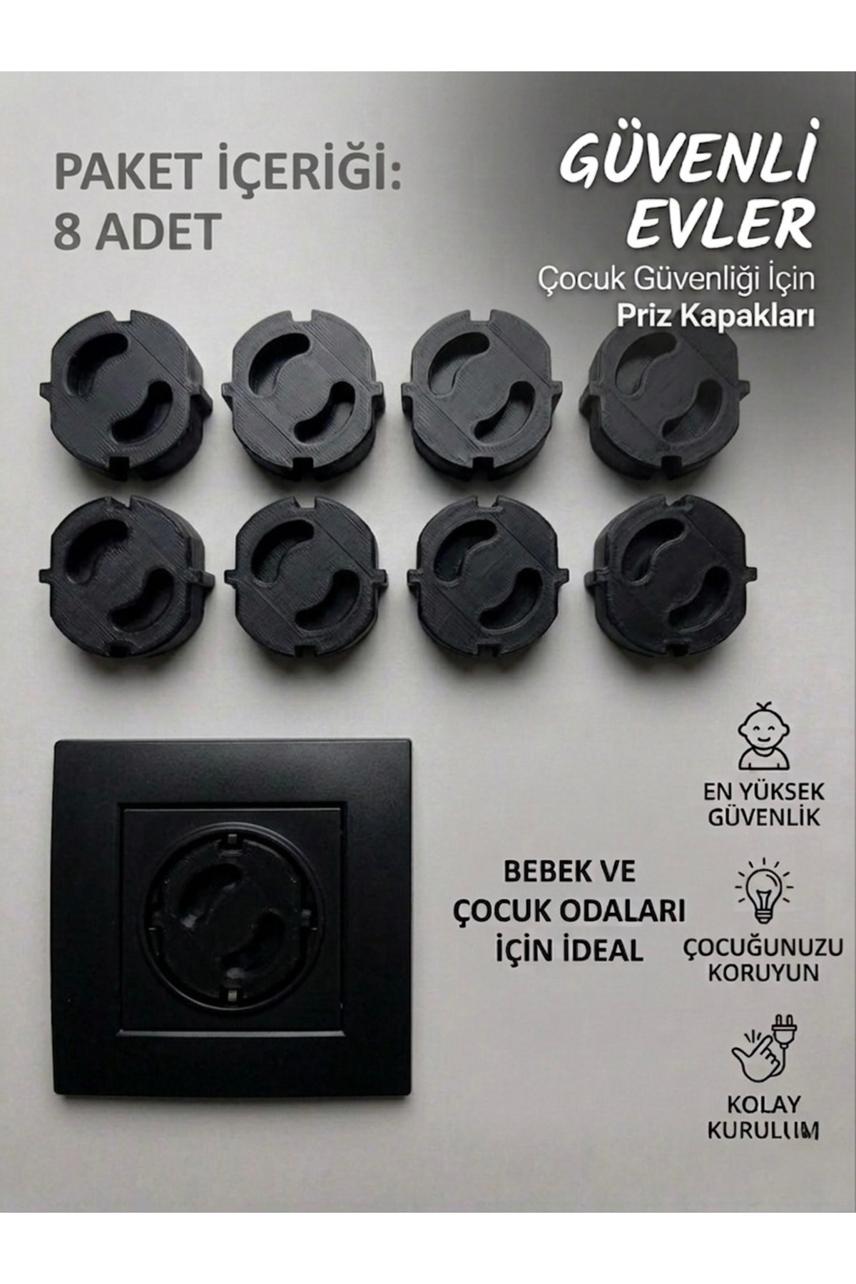8-Pack Black Color Baby Safety Socket Cover - Child Lock Protective Set