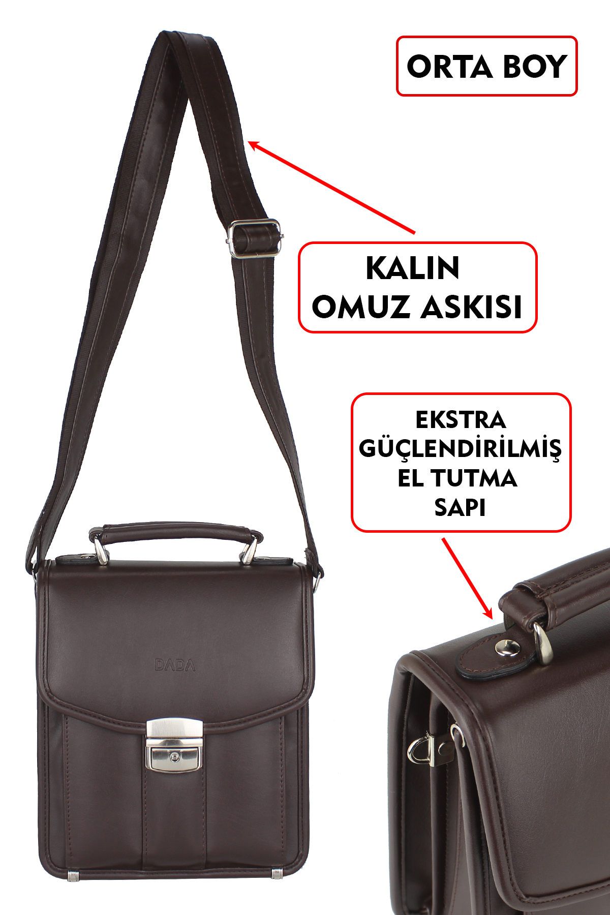 Dada Kilit Mekanizmalı Kahverengi Piremium Orta Boy Erkek El Çantası Omuz Askılı görsel 7