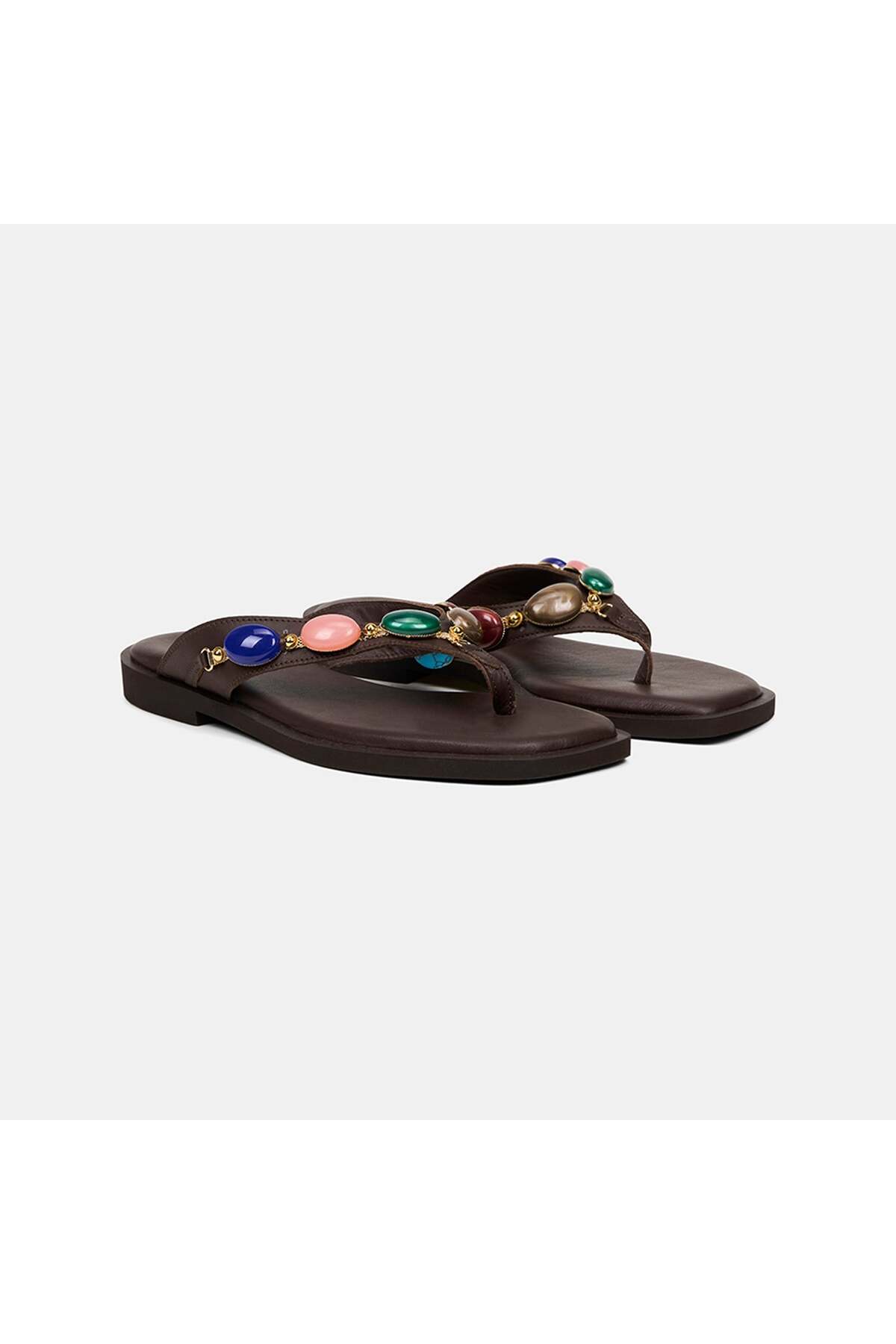 Women's Bitter Brown Color Stone Accessory Leather Flip-Flops