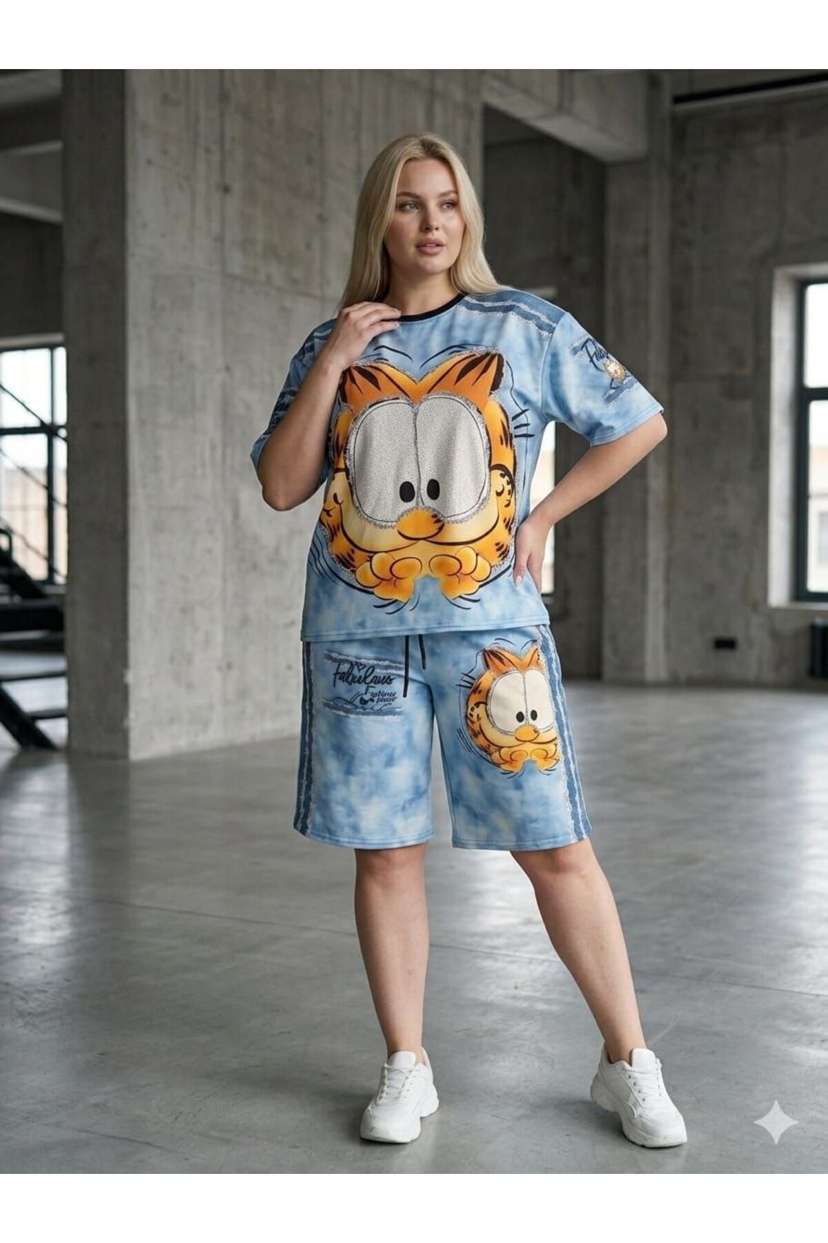 TREND DIGITAL STONE PRINT EMBROIDERY SEQUIN OVERSIZE SHORT SLEEVE SPORTS SUIT-DIGITAL STONE PRINT TRACKSUITSET